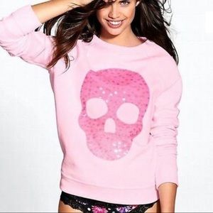 VS Pink Glitter Sequin Skull Sweatshirt NWT